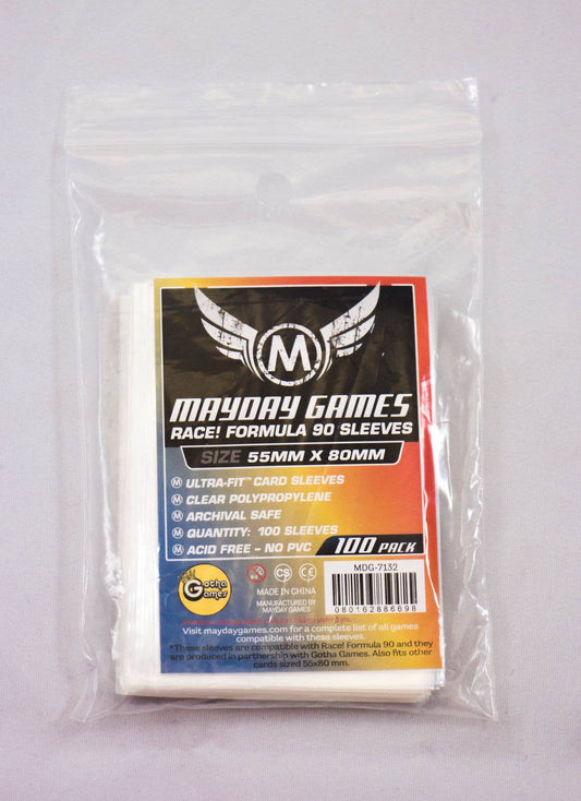 Sealed pack of 100 Race Formula 90 card sleeves, size 55 x 80mm, for custom Police Precinct game sleeves.