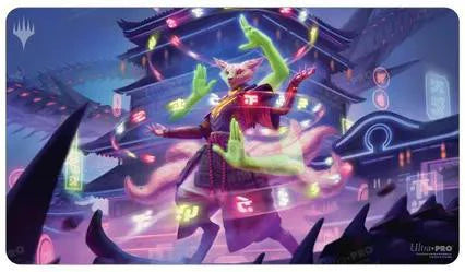 Bright-Palm, Soul Awakener Playmat with a multi-armed fox mage casting neon spells by a glowing pagoda at night.