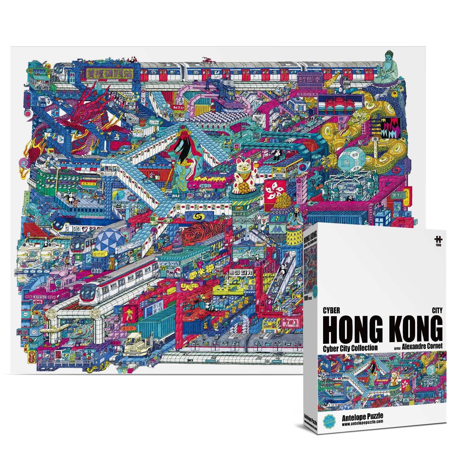 1000 piece jigsaw puzzle depicting a futuristic Hong Kong cityscape, with the puzzle box shown in front.