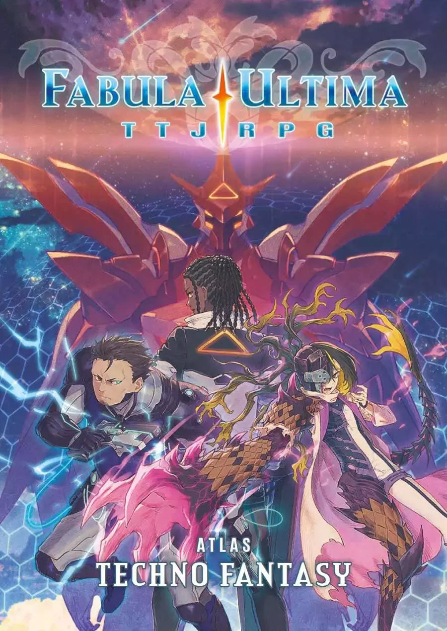 Fabula Ultima TTJRPG Atlas: Techno Fantasy cover featuring three heroes fighting a giant red robot under a starry sky.