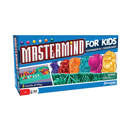 Mastermind for Kids logic and strategy game with animal pieces and various components.