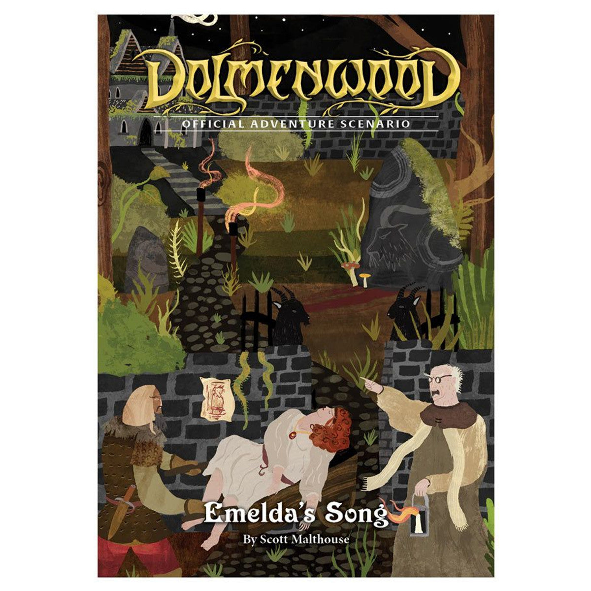 Dolmenwood Official Adventure Scenario: Emeldas Song, levels 2–4, illustrated cover showing a medieval forest.