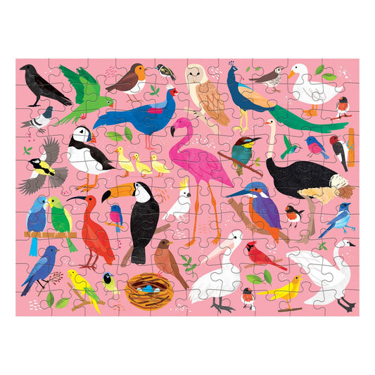 Bugs & Birds 100 Piece Double-Sided Puzzle by Mudpuppy featuring colorful bugs and birds on a pink background.