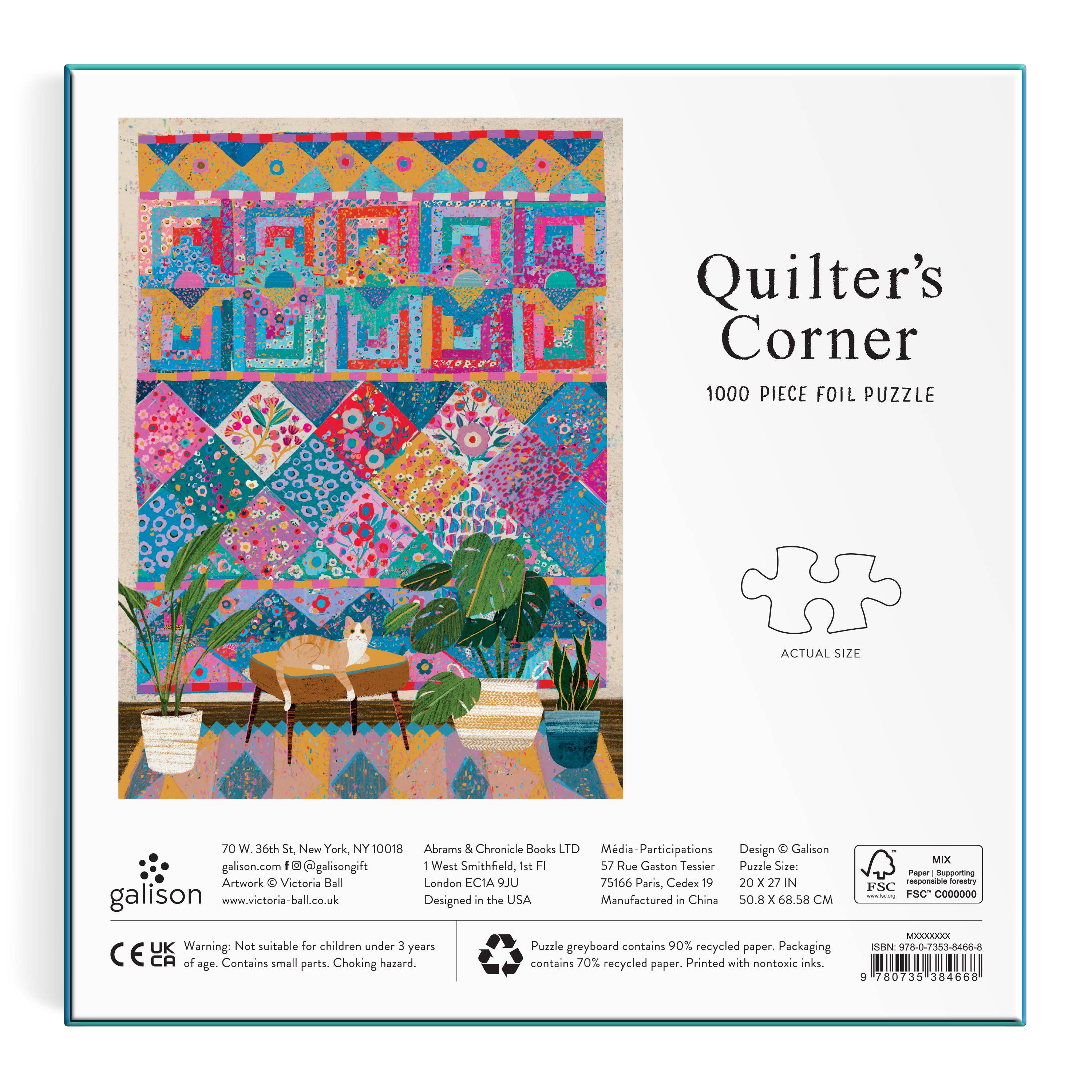 Victoria Ball Quilter’s Corner 1000 Piece Foil Puzzle with quilt, cat, and plants on the box.