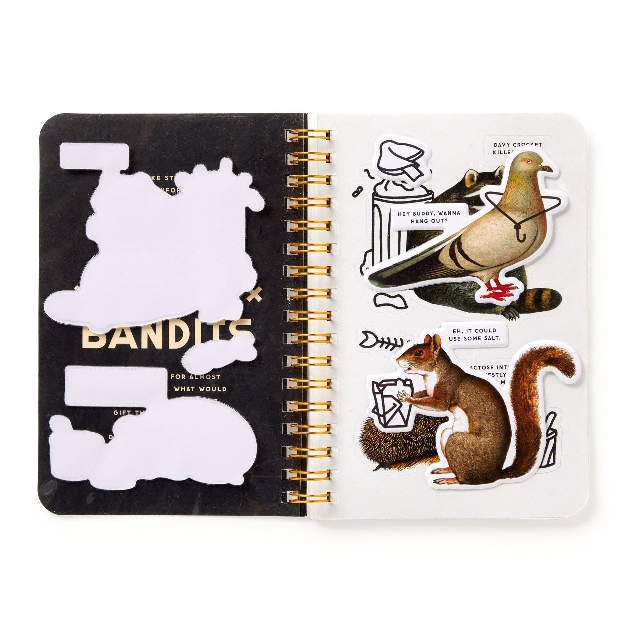 Notebook with animal sticky notes and Brass Monkey Trash Bandits Sticker Book stickers on the right page.