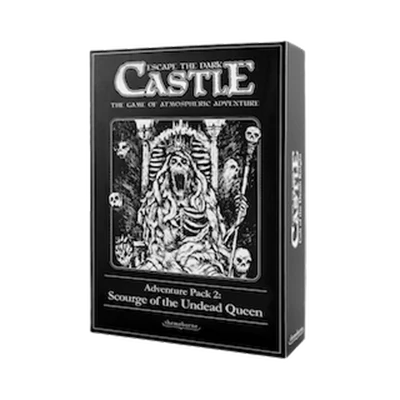 Escape the Dark Castle: Scourge of the Undead Queen black game box with skeleton-themed artwork.