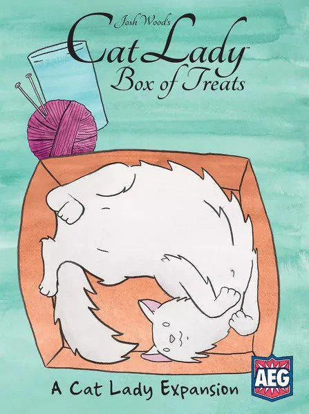Cat Lady: Box of Treats Expansion illustration featuring a white cat in a box with knitting.