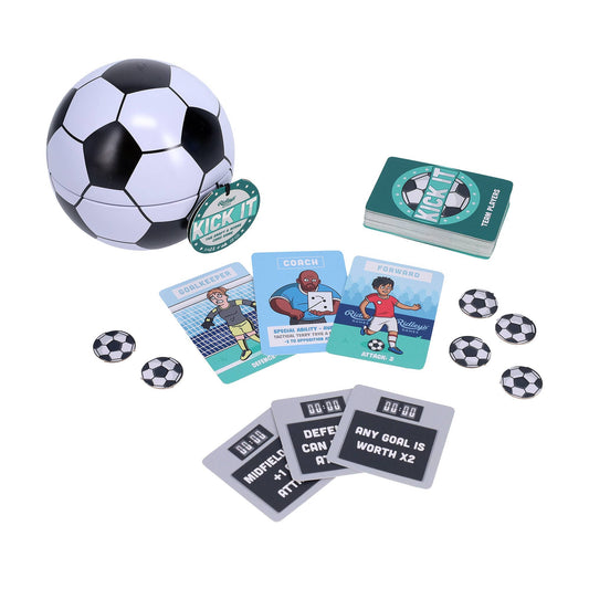 Kick It card game set with ball, cards, and tokens featuring a soccer board theme.