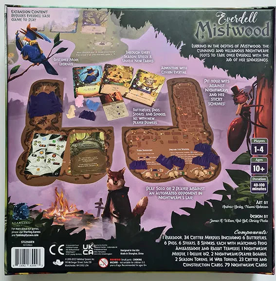 Back of Everdell Mistwood box showing critter meeples, cards, and woodland creature components.