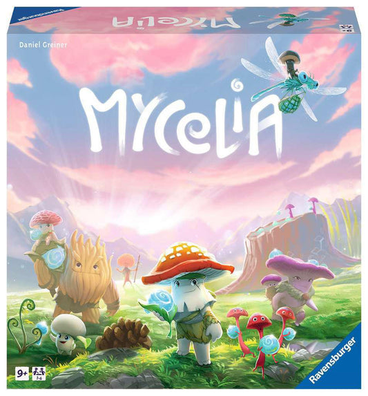 Mycelia game box featuring a fantasy forest shrine, mushrooms, nature creatures, and a large dragonfly above.