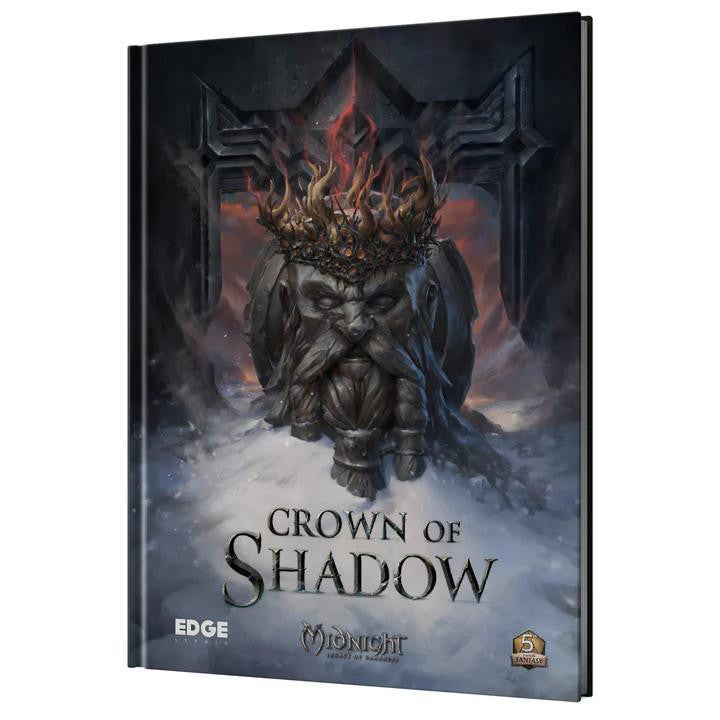 Midnight: Crown of Shadows book cover featuring a dwarven king statue with a thorny crown and fiery embers.
