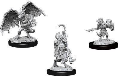D&D: NMU: Kobold & Sorcerer W12, set of three unpainted miniatures—winged creature, kobold sorcerer, armored dog with spear.