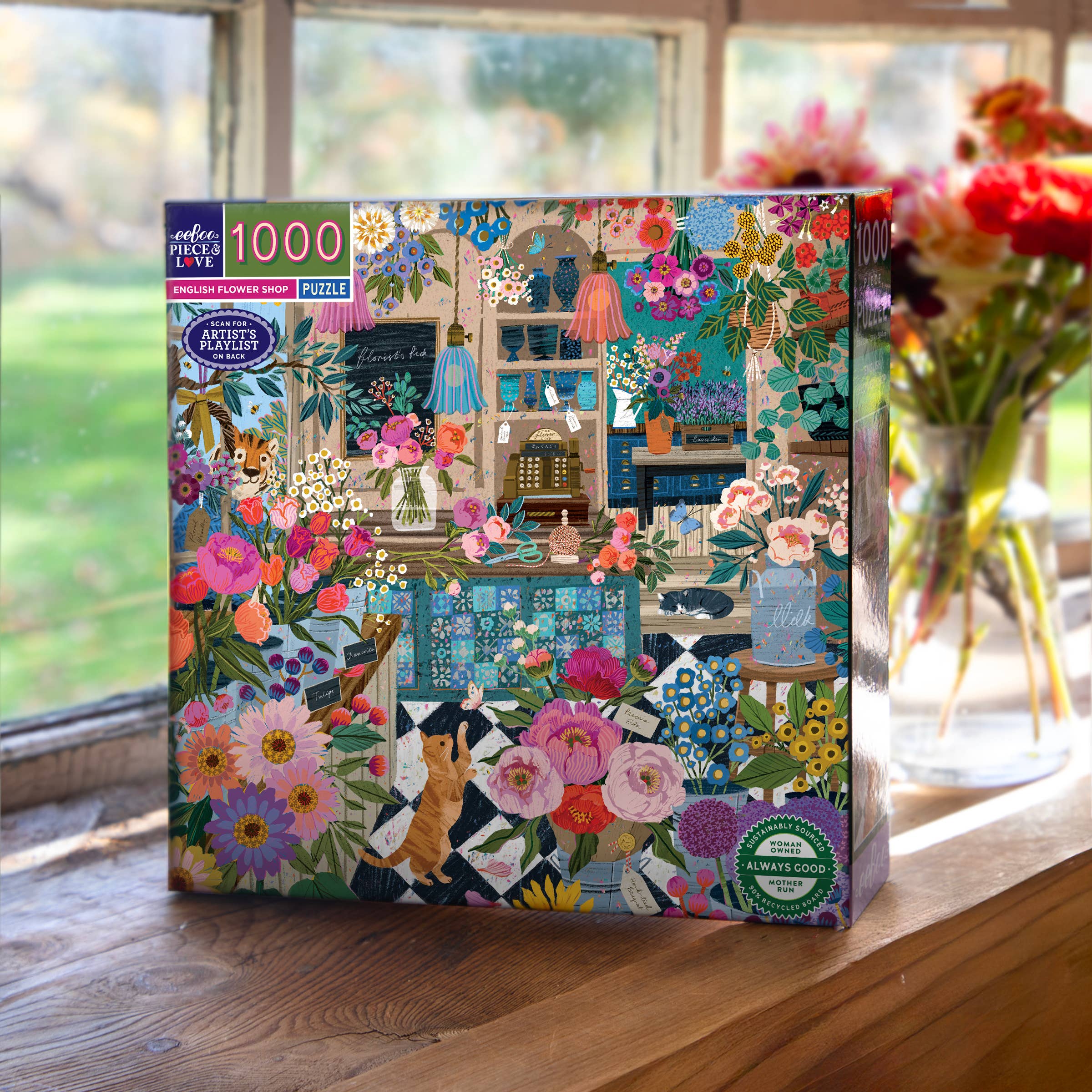 The English Flower Shop 1000 Piece Puzzle featuring a village flower shop scene with a sunny windowsill.