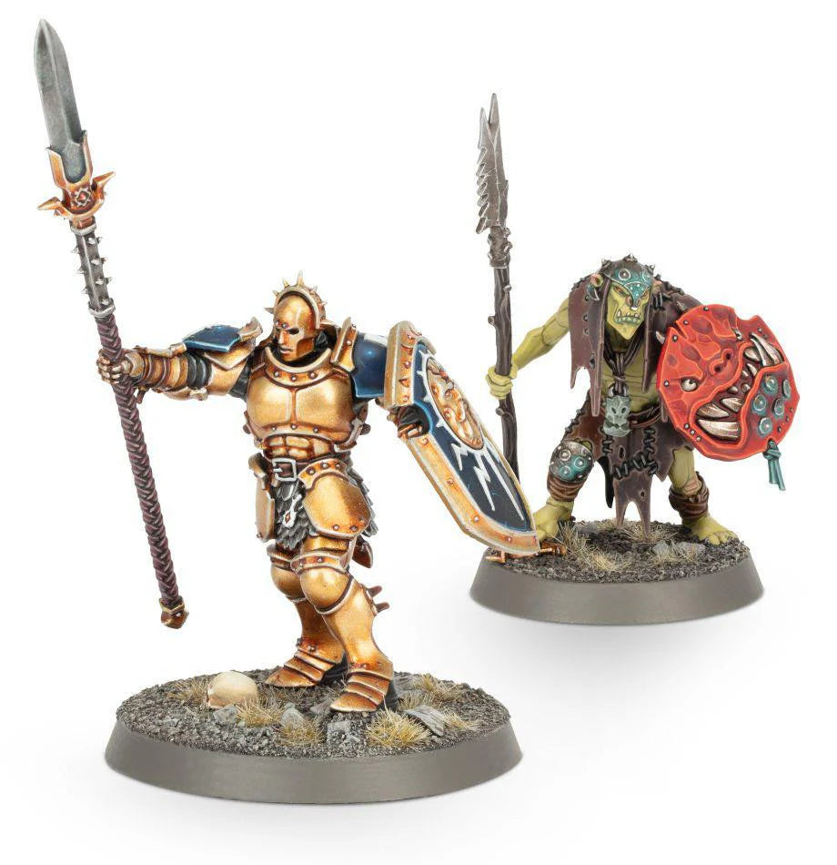 Getting Started with Age of Sigmar set with 2 Citadel miniatures: armored knight and goblin with red shield.