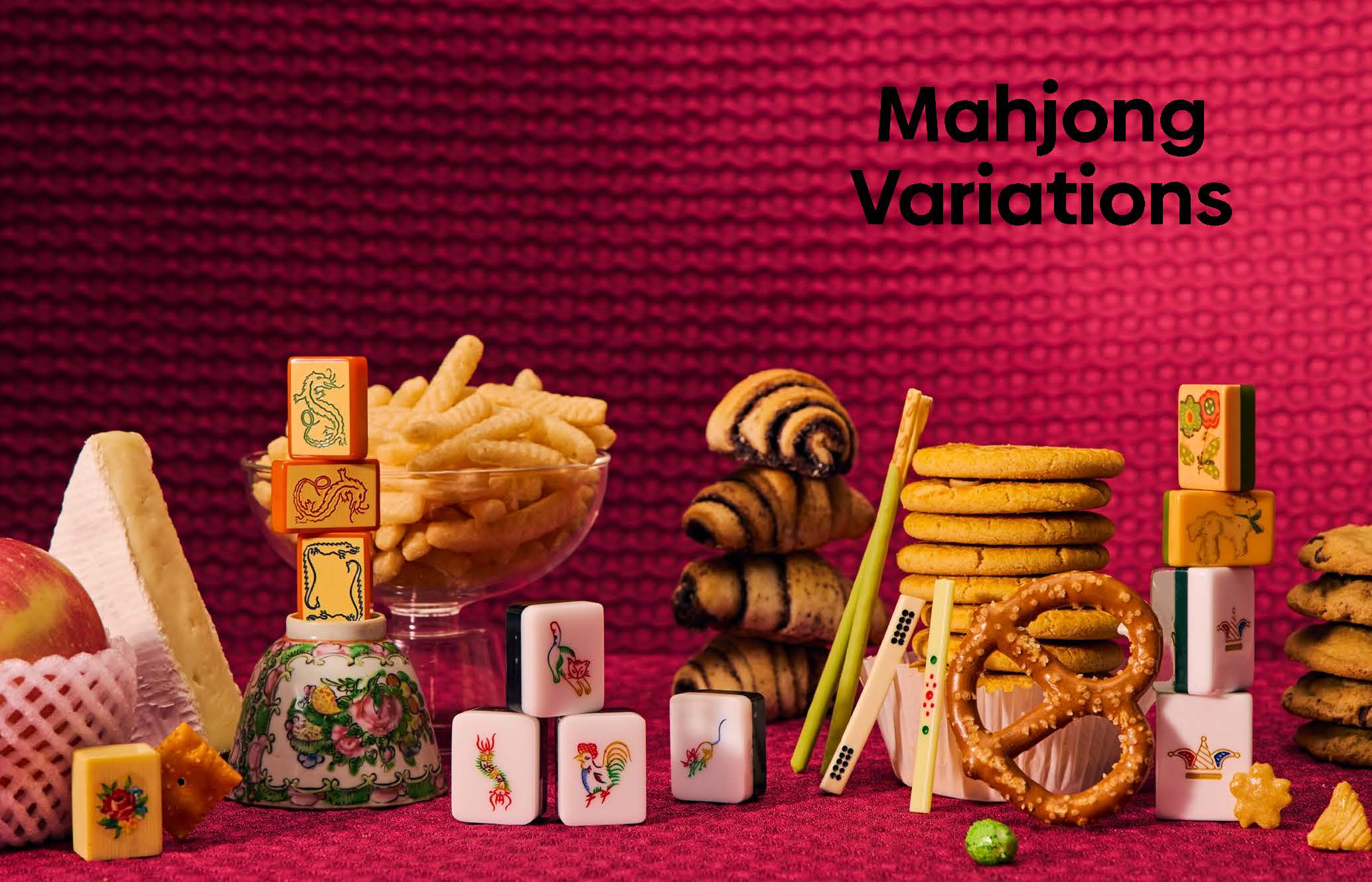 Mahjong pairs snacks and game tiles arranged together.
