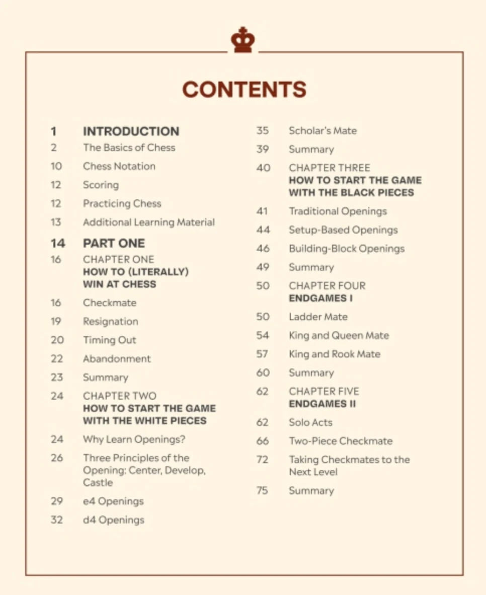 Table of contents for How to Win At Chess by Levy Rozman, detailing strategies, openings, and endgames for beginners.