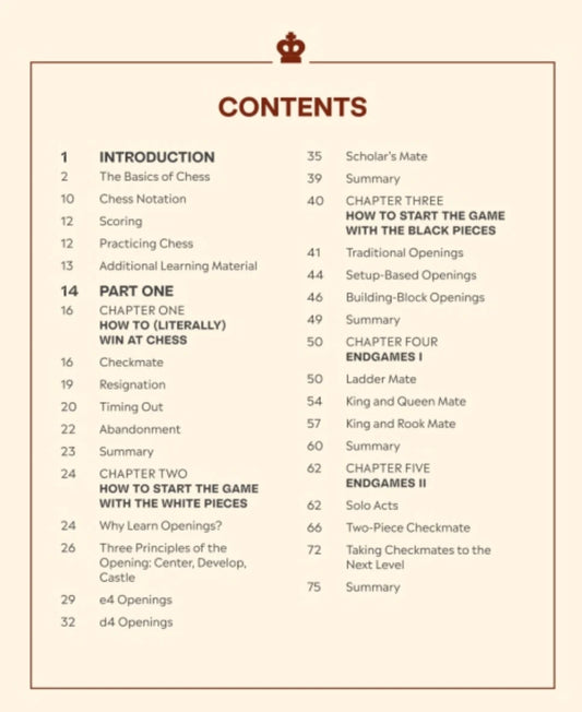 Table of contents for How to Win At Chess by Levy Rozman, detailing strategies, openings, and endgames for beginners.