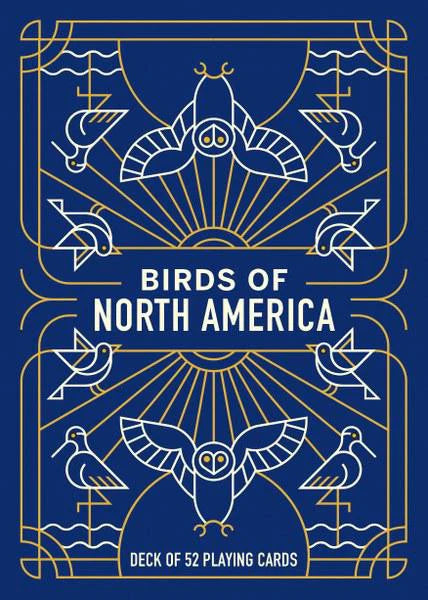 Blue Birds of North America playing cards with gold bird line art, for identification and card games.