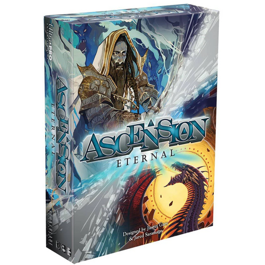 Ascension Eternal Deckbuilding Game box featuring cover art with a wizard and a dragon.
