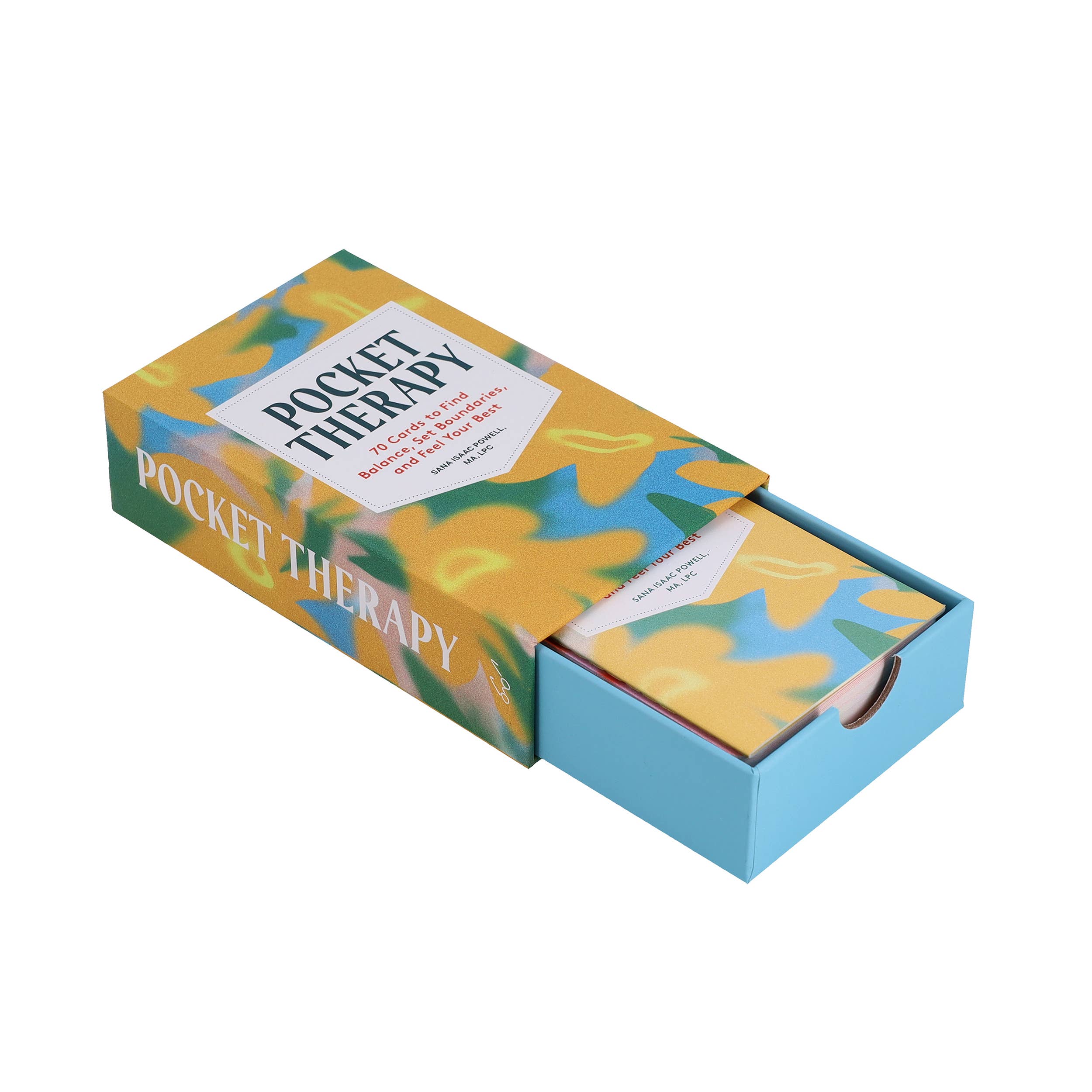 Pocket Therapy box with open drawer displaying mental health and self-care cards inside.