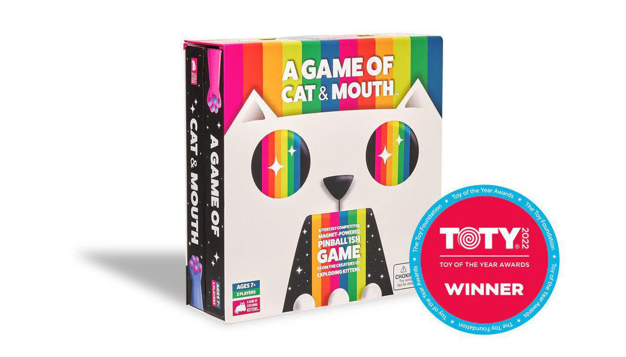 A Game of Cat and Mouth board game in a colorful box with cat face, labeled TOTY 2022 Winner, two-player version.