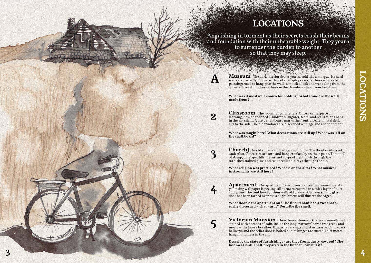 Whispers in the Walls 2e horror solo journaling RPG cover featuring a watercolor bicycle, dirt path, and rustic house.