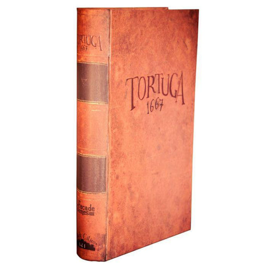 Tortuga 1667 pirate board game in brown textured hardcover with old-fashioned binding, displayed upright.