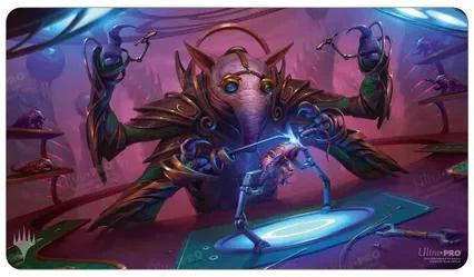 Gimbal, Gremlin Prodigy Playmat featuring an armored creature repairing a robot insect on a glowing table.