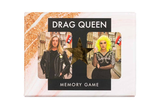 Drag Memory Game cover featuring two drag queens: one with long hair, one in a neon yellow wig.