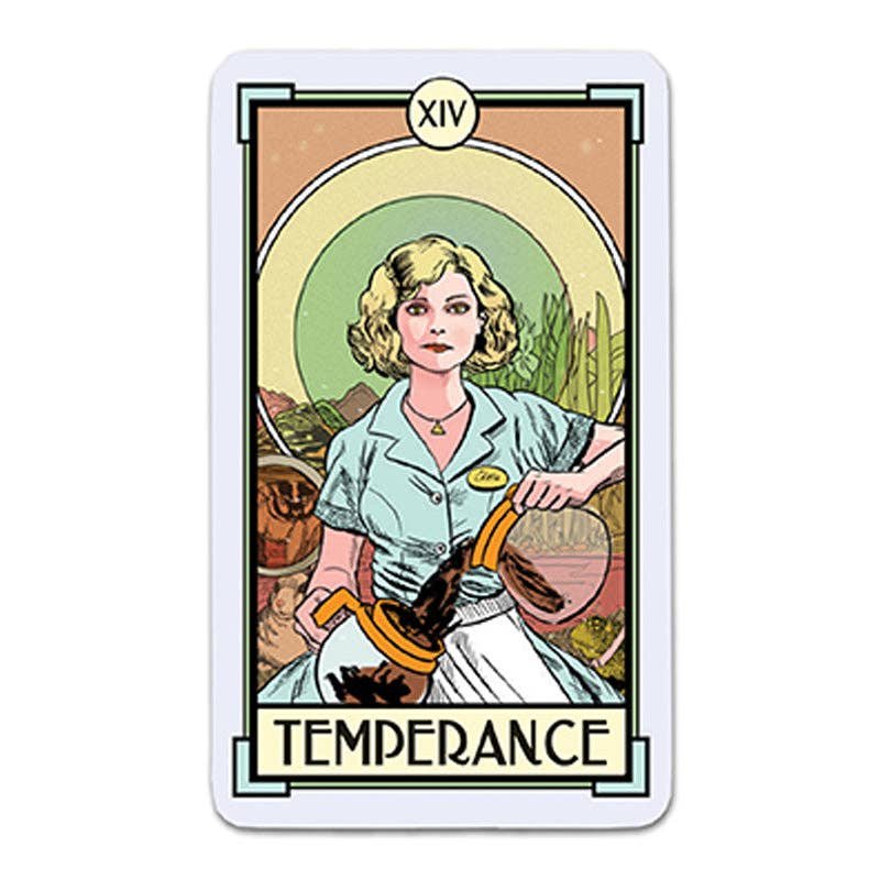 The Temperance card from Christina Riccis Cat Full of Spiders Tarot featuring a woman in blue pouring coffee.