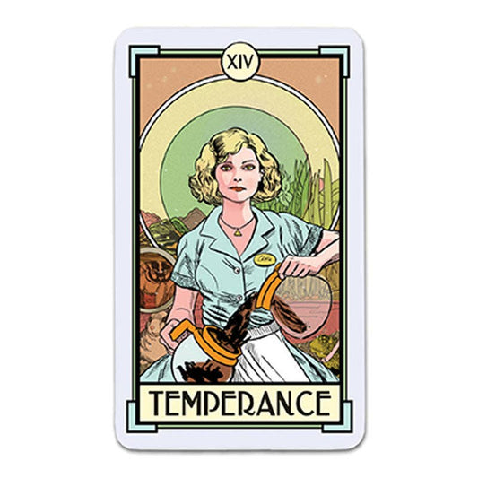 The Temperance card from Christina Riccis Cat Full of Spiders Tarot featuring a woman in blue pouring coffee.
