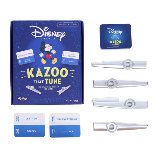 Disney Kazoo That Tune party game with cards, four kazoos, and a blue tin.