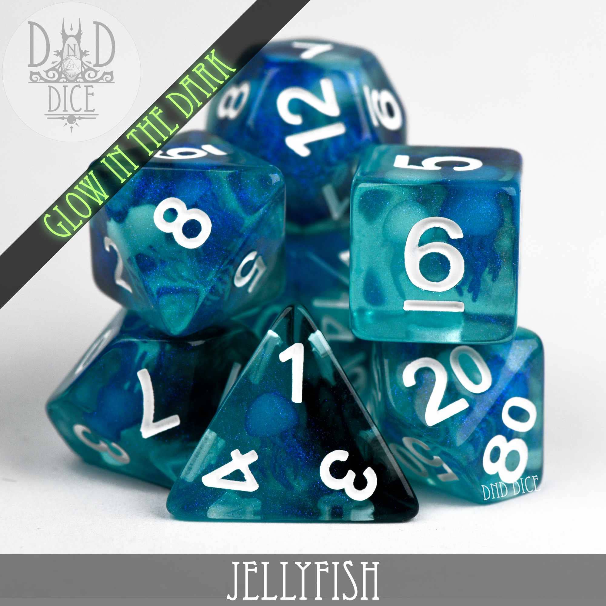 Jellyfish (Glow) blue and teal resin dice set with white numbers for tabletop gaming.