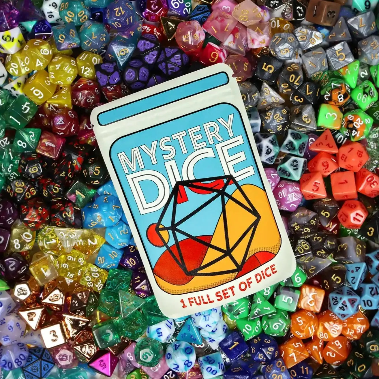 A Mystery Dice 7-piece polyhedral set placed among assorted colorful polyhedral dice.