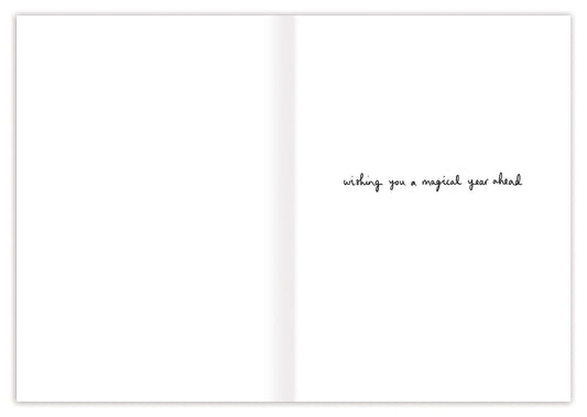 Mushrooms Wonderful Birthday Card with handwritten text: wishing you a magical year ahead on a white background.