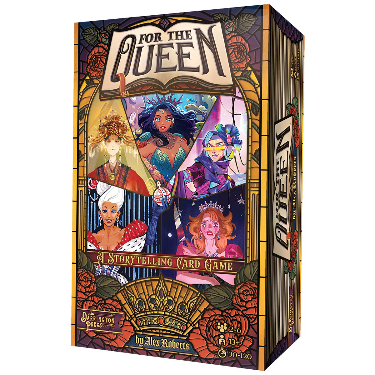 For the Queen: Storytelling Card Game box with illustrated characters in a stained-glass window style.