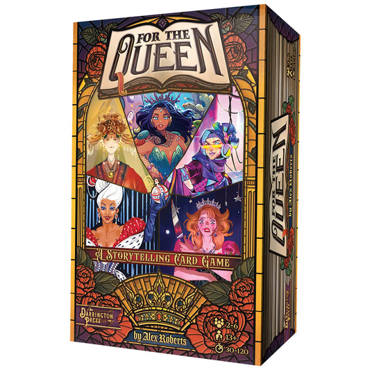 For the Queen: Storytelling Card Game box with illustrated characters in a stained-glass window style.