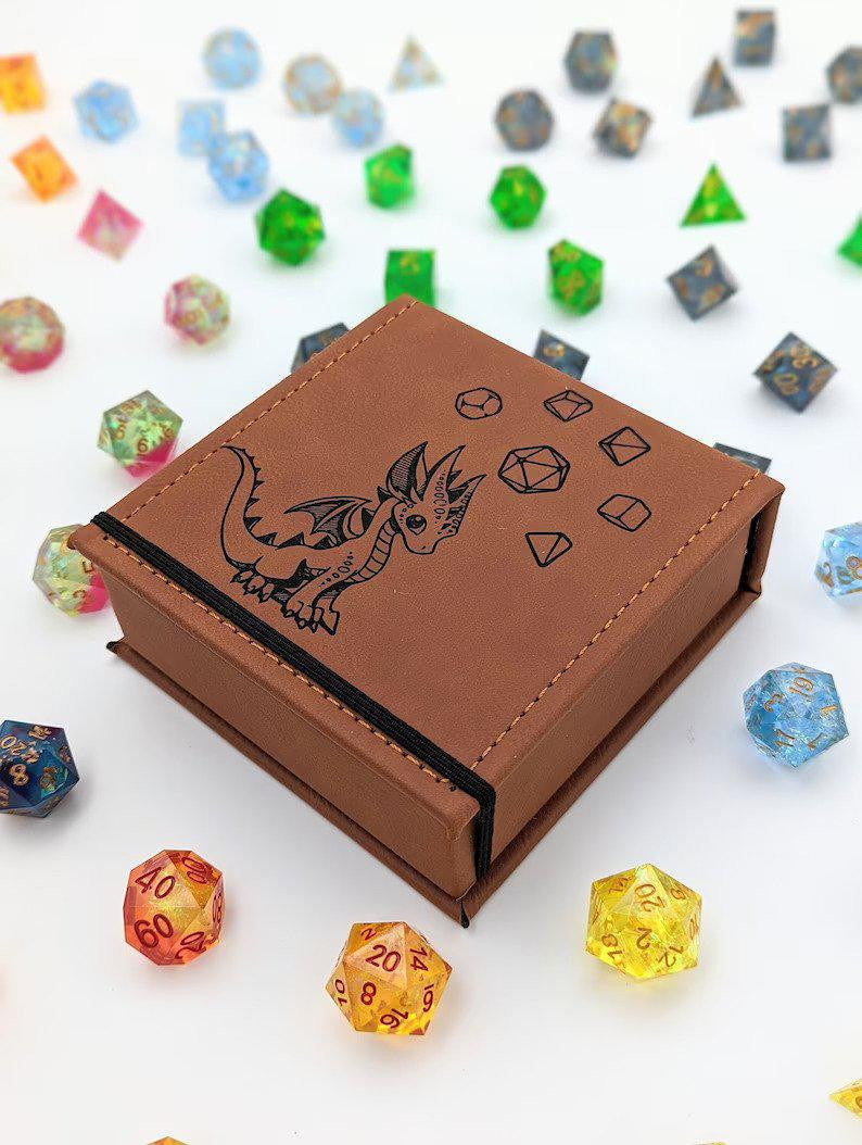 Grey Baby Dice Dragon vegan leather dice box with dragon and dice design.