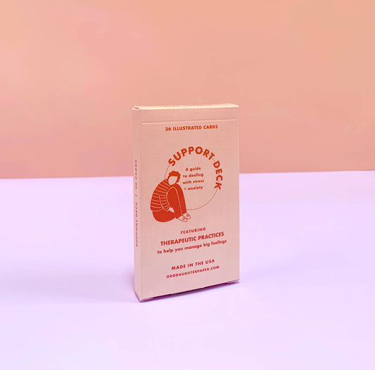 Peach Support Deck mental health card deck featuring anxiety relief cards and an illustrated person on the packaging.