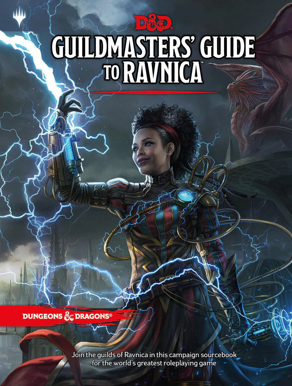 Woman in steampunk armor with blue lightning and a dragon, inspired by Guildmasters’ Guide to Ravnica.