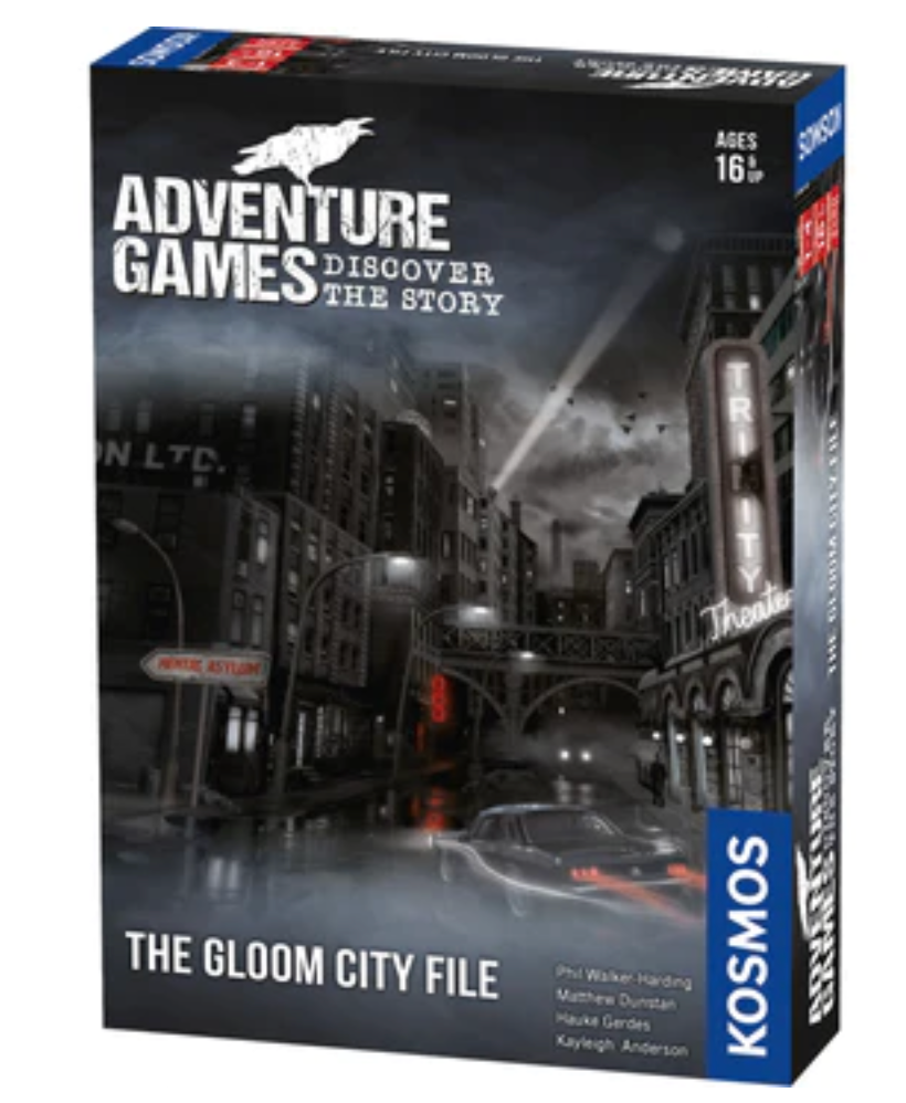 Adventure Games: The Gloom City File board game box featuring a rainy, neon-lit city street.