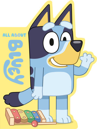 Bluey xylophone set with mallet and All About Bluey book featuring the cartoon character Bluey.