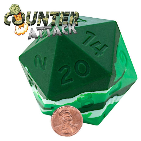 Large silicone d20, Random Encounter: Counter Attack variant, displayed beside a penny for scale.