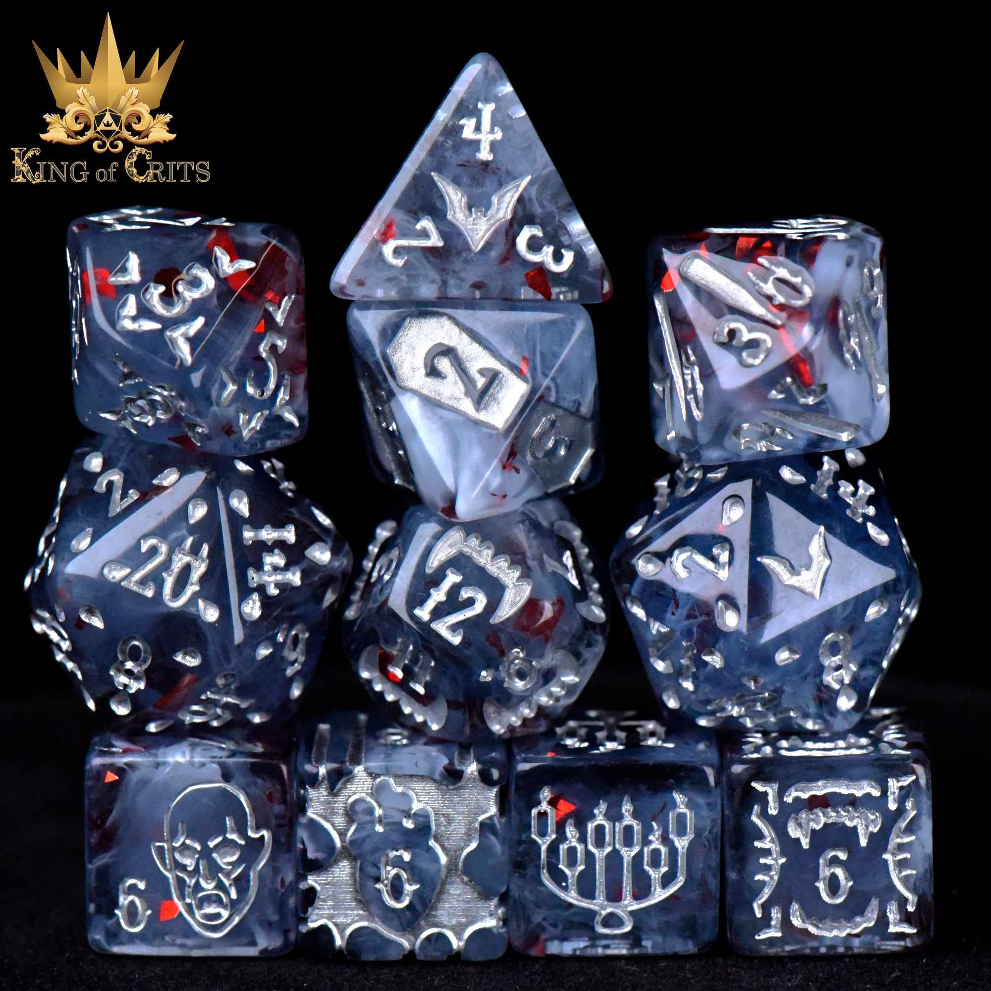 Vampiric Bloodline 11 Dice Set with marbled gray and white dice, silver numbers, arranged in a pyramid.