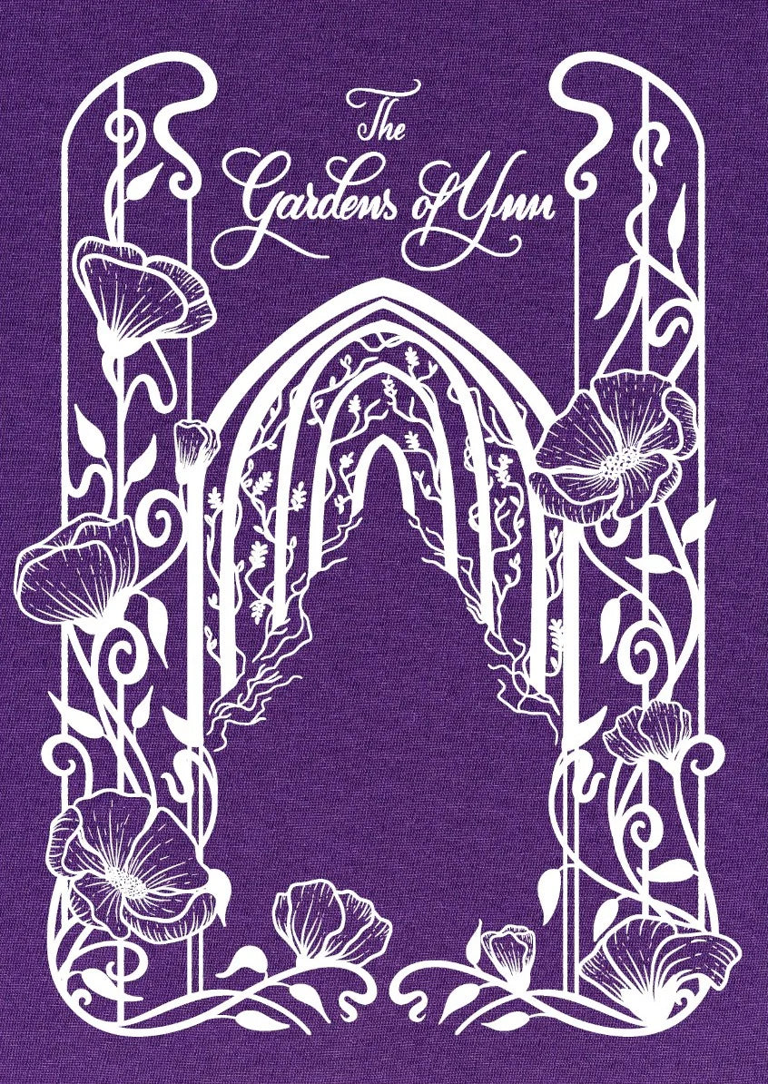 The Gardens of Ynn title on purple background with white floral arch; a fey-cursed, zero-prep garden adventure.