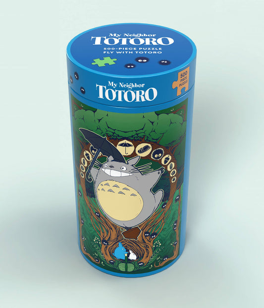 Studio Ghibli My Neighbor Totoro 500-piece Fly with Totoro puzzle in cylindrical box with Totoro illustration.