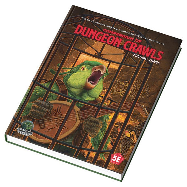 Compendium of Dungeon Crawls Vol. 3: Through Caves and Forests book with a green parrot behind bars on the cover.