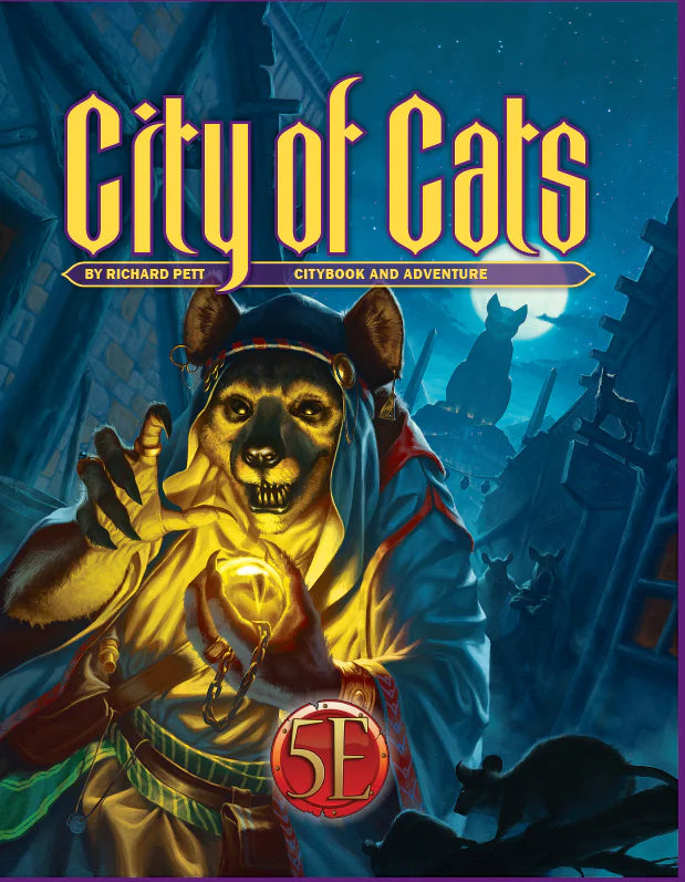 D&D 5E: City of Cats product featuring a robed cat holding a glowing pendant. Southlands campaign setting.