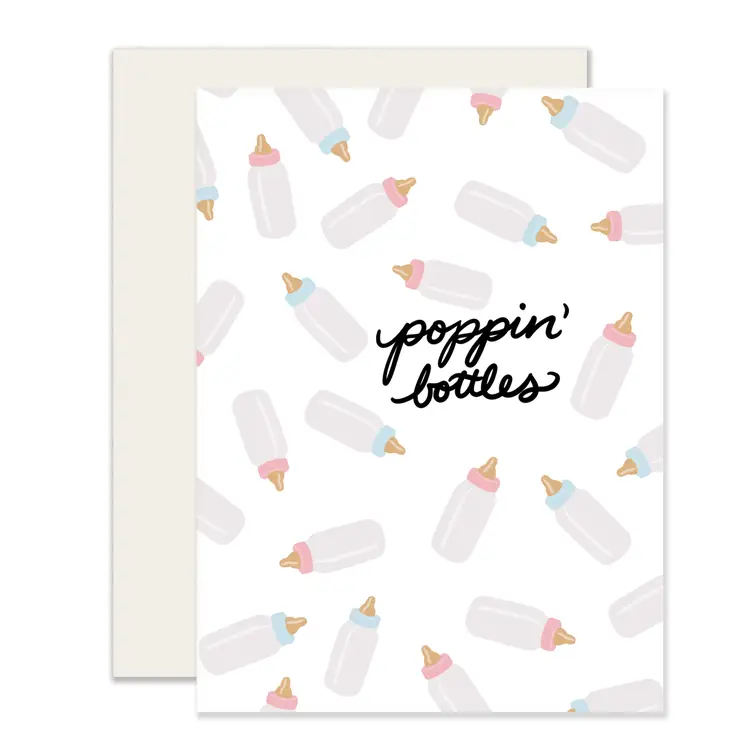 The Baby Bottles New Baby Card with scattered bottle illustrations and poppin’ bottles text in black script.