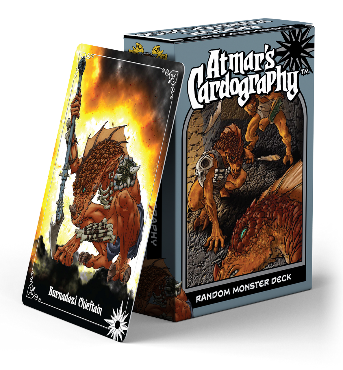 The Cardography: Random Monsters deck box featuring a muscular, armored lizard creature on the packaging.